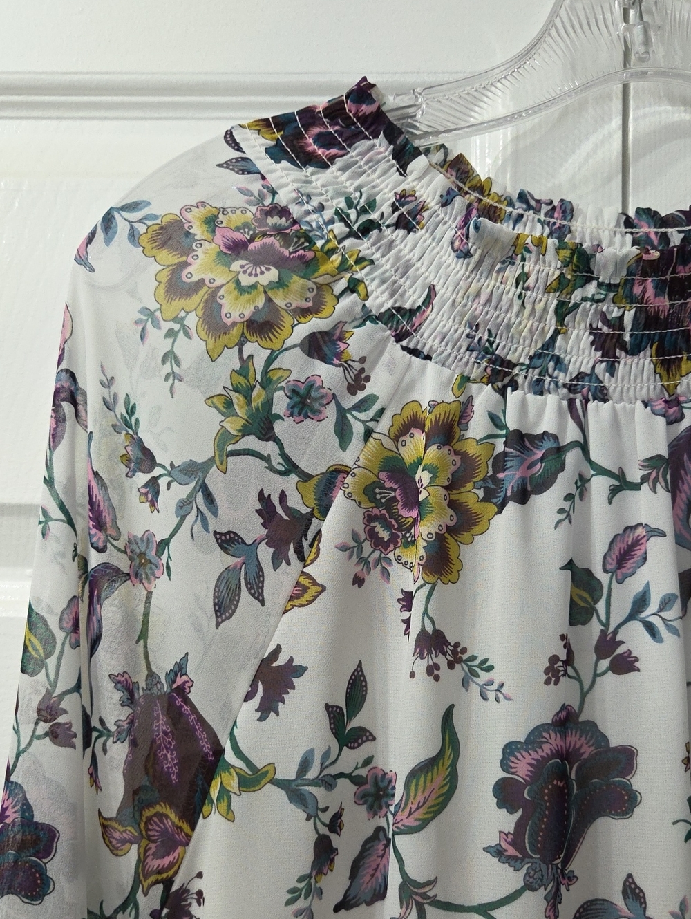 Ann Taylor Factory Smocked Neck White Floral Lined Blouse, Size XL